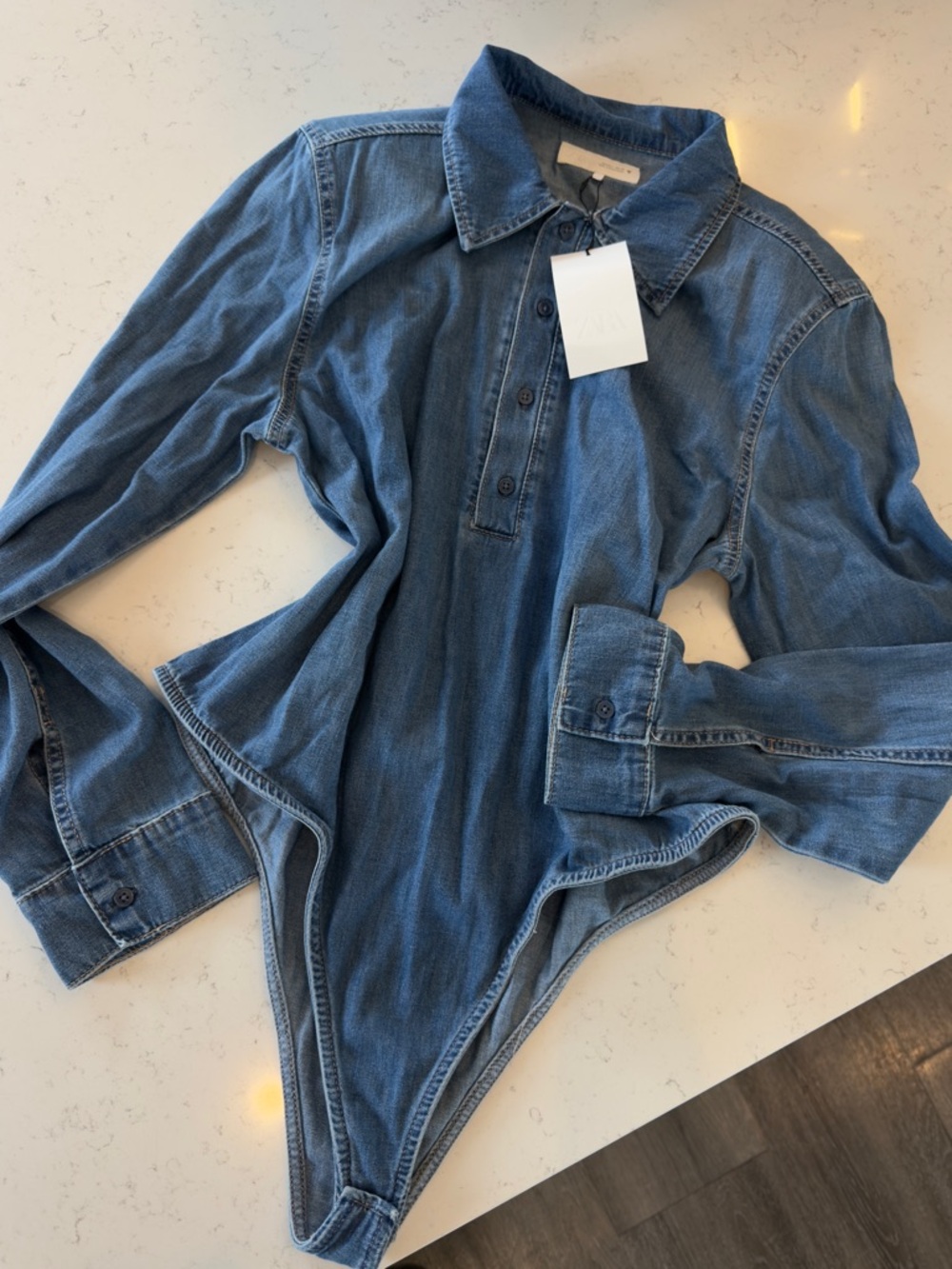 Zara Blue Denim Long-Sleeve Bodysuit
